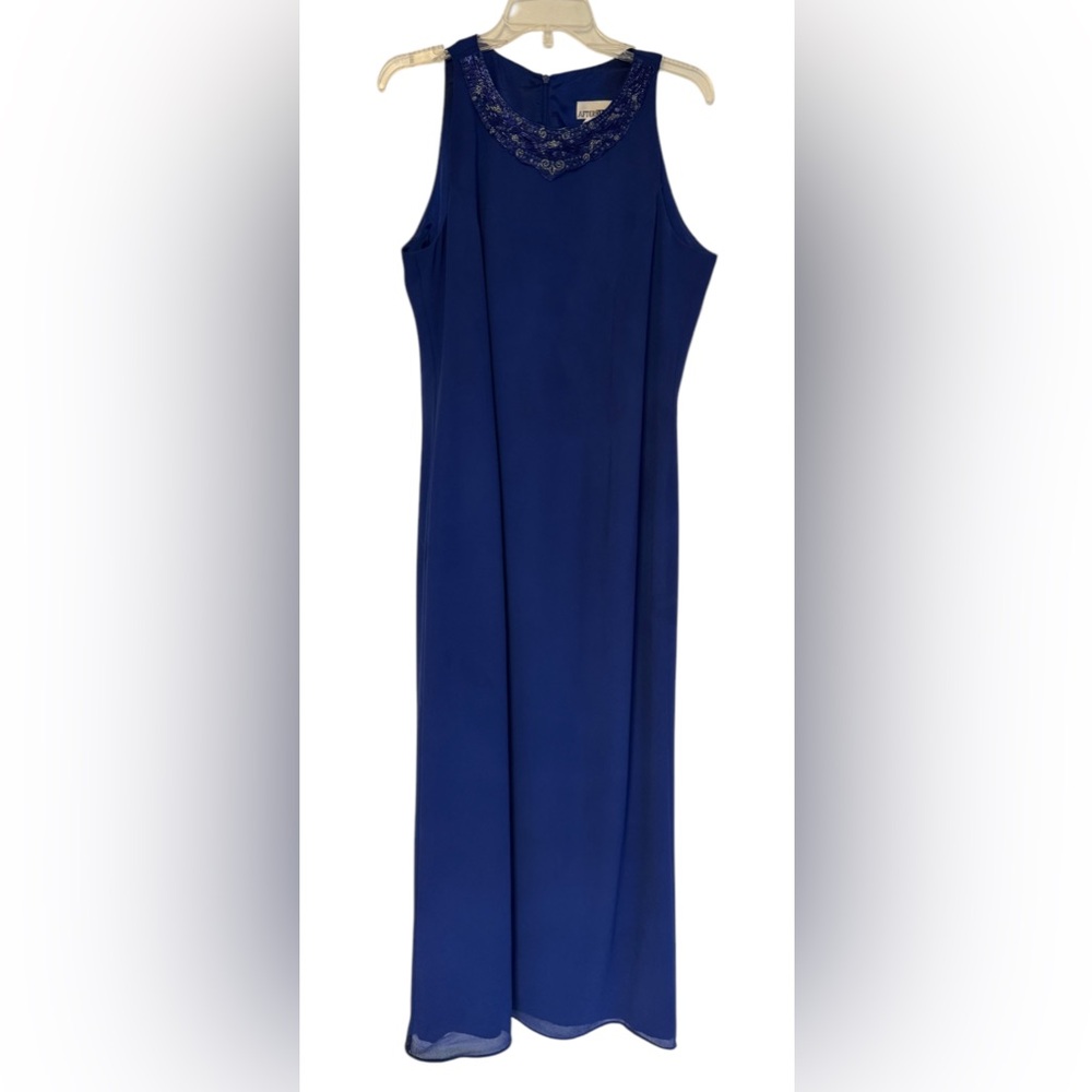 Afterdark Vintage Sleeveless  Sequin Beaded Neck Elegant Blue Maxi Dress 14